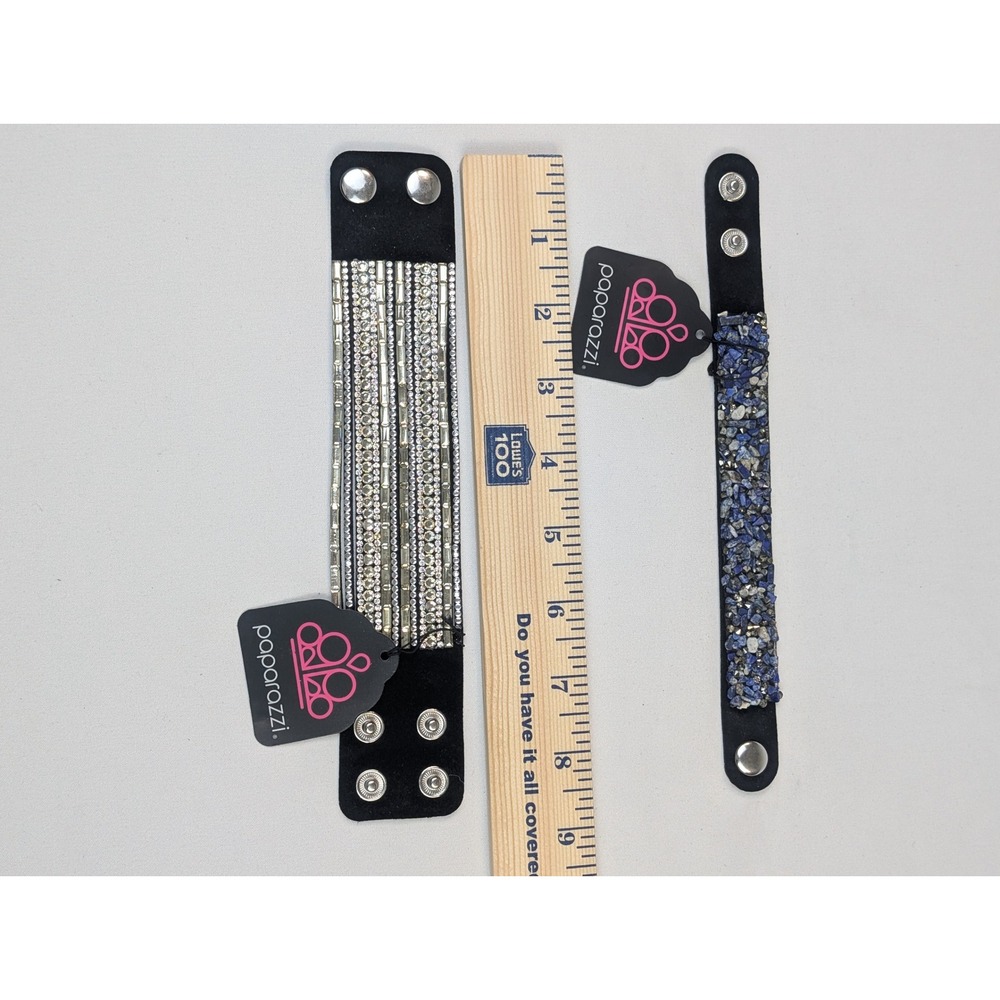 Paparazzi Bracelet Set Black Faux Suede Rhinestone Blue Stone Wrap Cuffs NWT